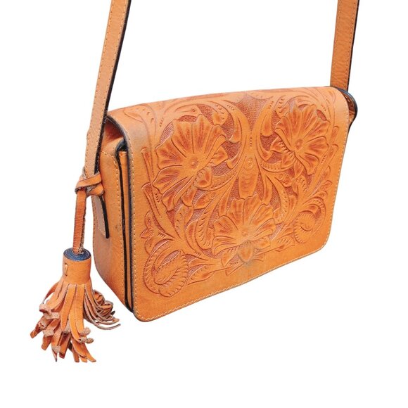 Bolsa Canela Handbags - Vintage Bolsa Canela Embossed Leather Crossbody Bag With Floral Design